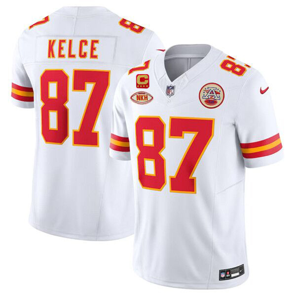 Men’s Kansas City Chiefs #87 Travis Kelce White 2024 F.U.S.E. With "NKH" Patch And 4-star C Patch Vapor Untouchable Limited Stitched Jersey